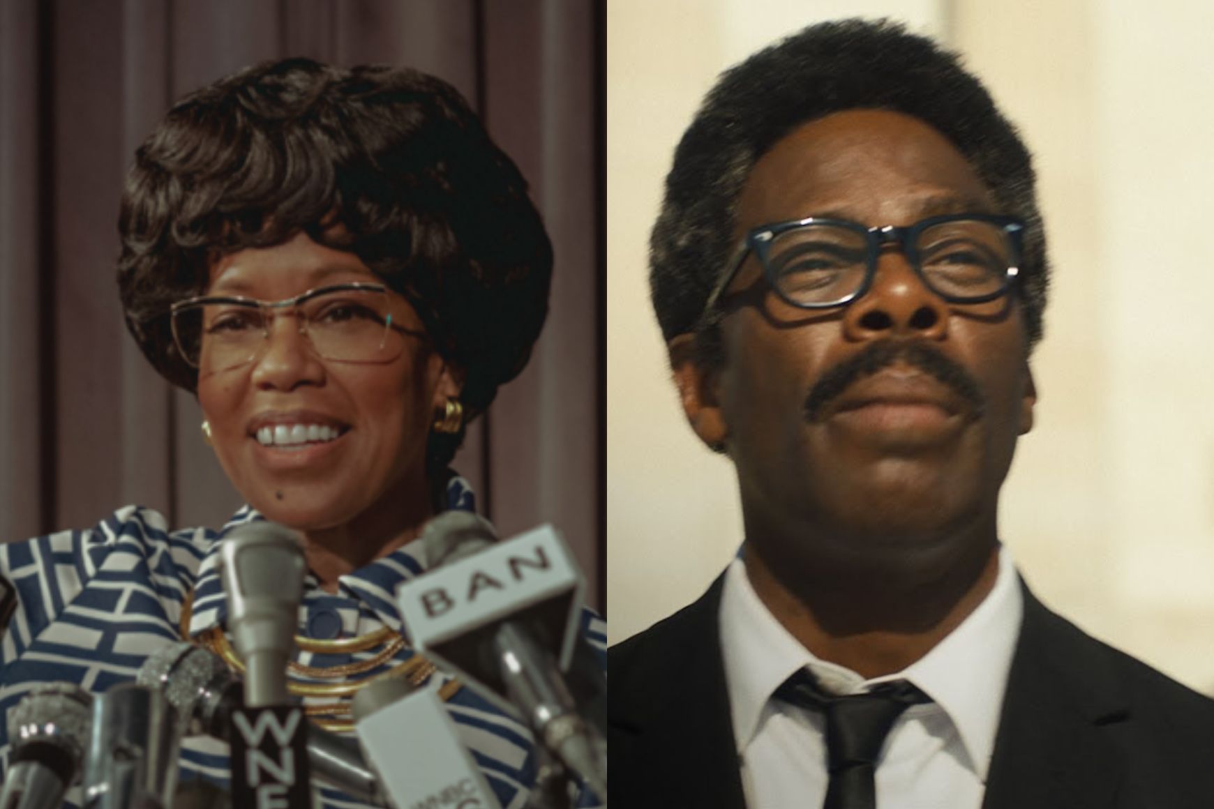 A still of Regina King as Shirley Chisholm on the left and a still of Coleman Domingo as Bayard Rustin on the right.
